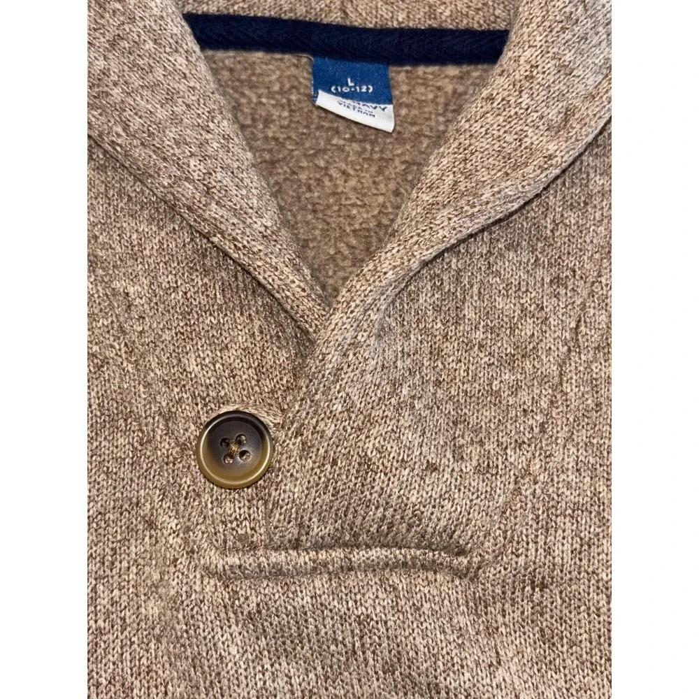 Old Navy Sweater Boys L (10-12) Heather Tan Tight Knit Fleece Lined Shawl Collar
